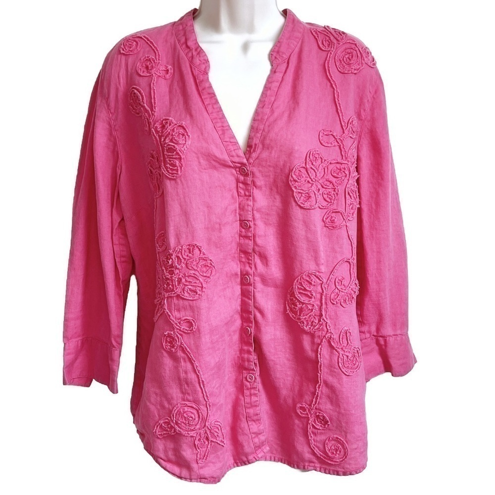 Charter Club Pink Linen Floral Button Down V Neck 3/4 Sleeve Top Blouse Size 14